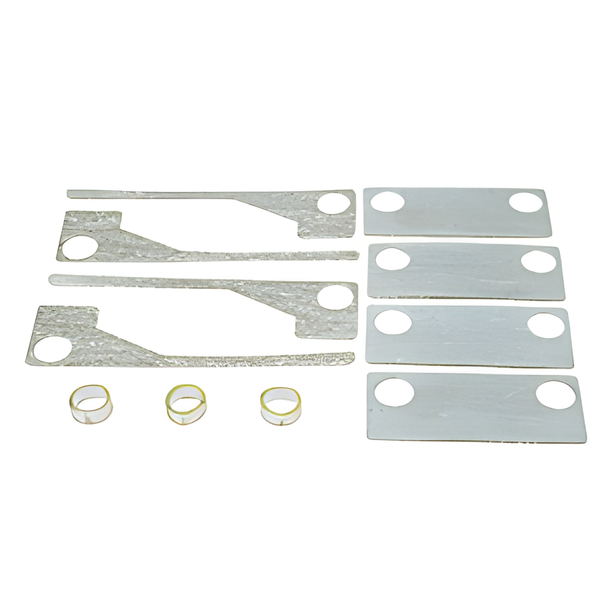 GS103 gasket and grommet kit: eight rectangular metal gaskets with holes, three translucent round grommets, for 3/8" glass.