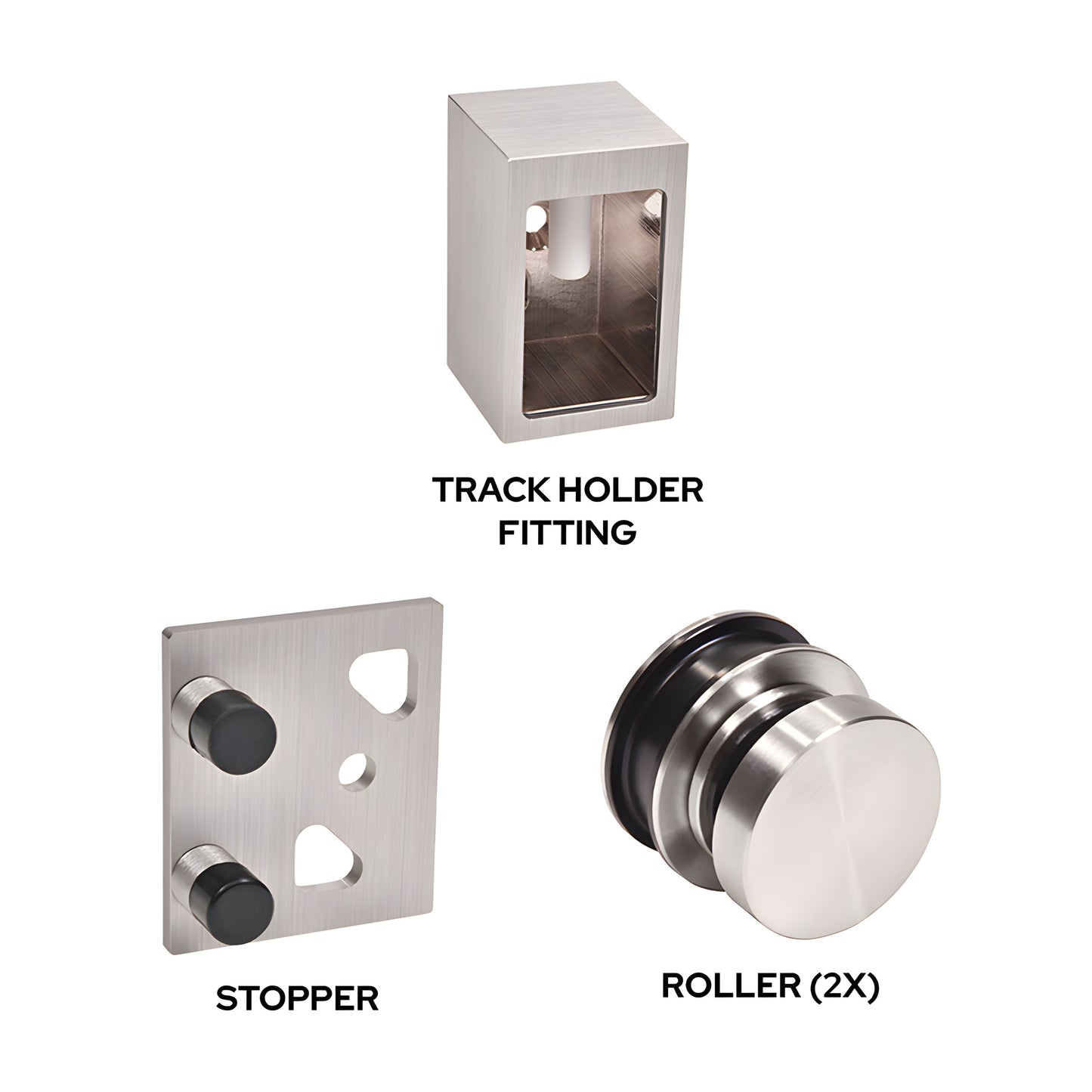 Brixen BRXHDWKBS brushed stainless steel replacement kit, two rollers, wall bracket and stopper for sliding shower door.