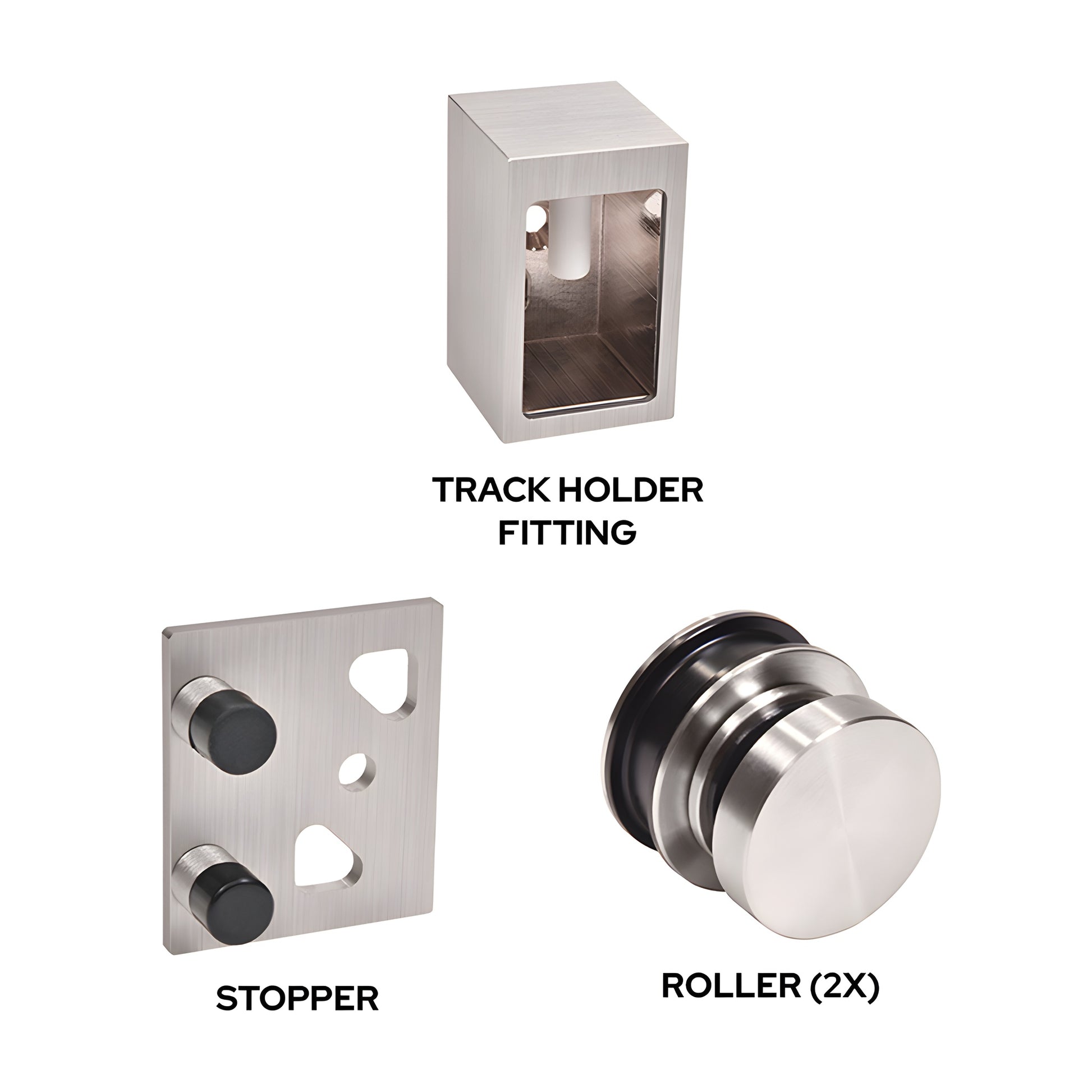 Brixen BRXHDWKBS brushed stainless steel replacement kit, two rollers, wall bracket and stopper for sliding shower door.