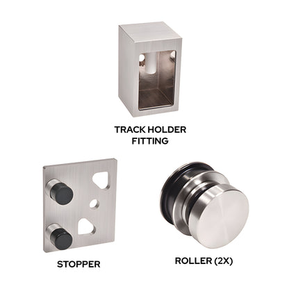 Brixen BRXHDWKBS brushed stainless steel replacement kit, two rollers, wall bracket and stopper for sliding shower door.