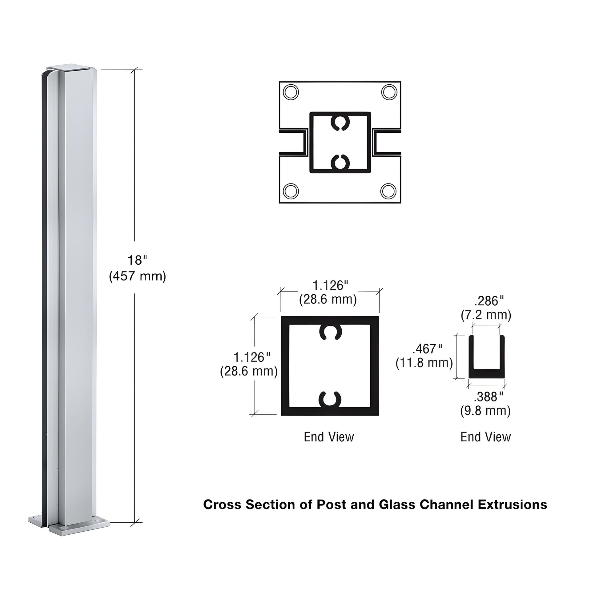 Satin anodized aluminum 18in square center post with U-channel for 1/4" glass - SKU D990A18C