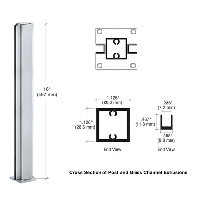 Satin anodized aluminum 18in square center post with U-channel for 1/4" glass - SKU D990A18C