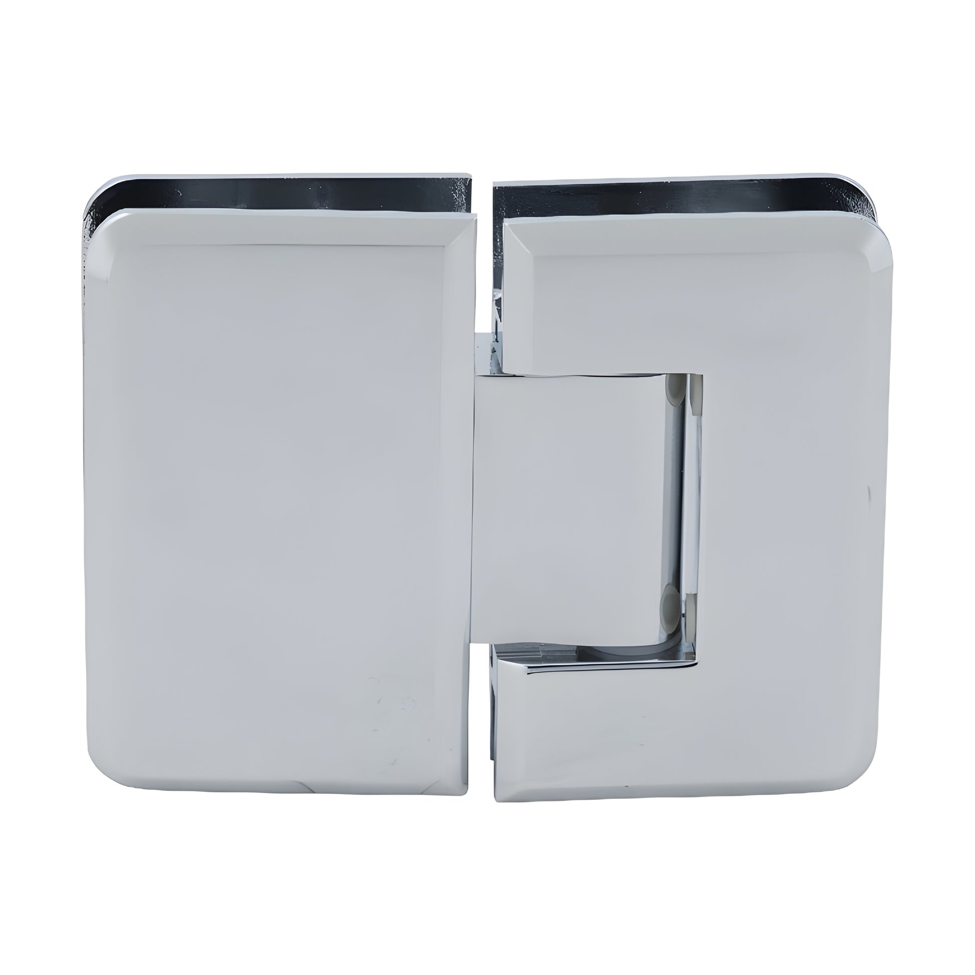 P1N580CH Pinnacle polished chrome brass frameless glass-to-glass shower hinge, beveled edges, self-centering pivot.