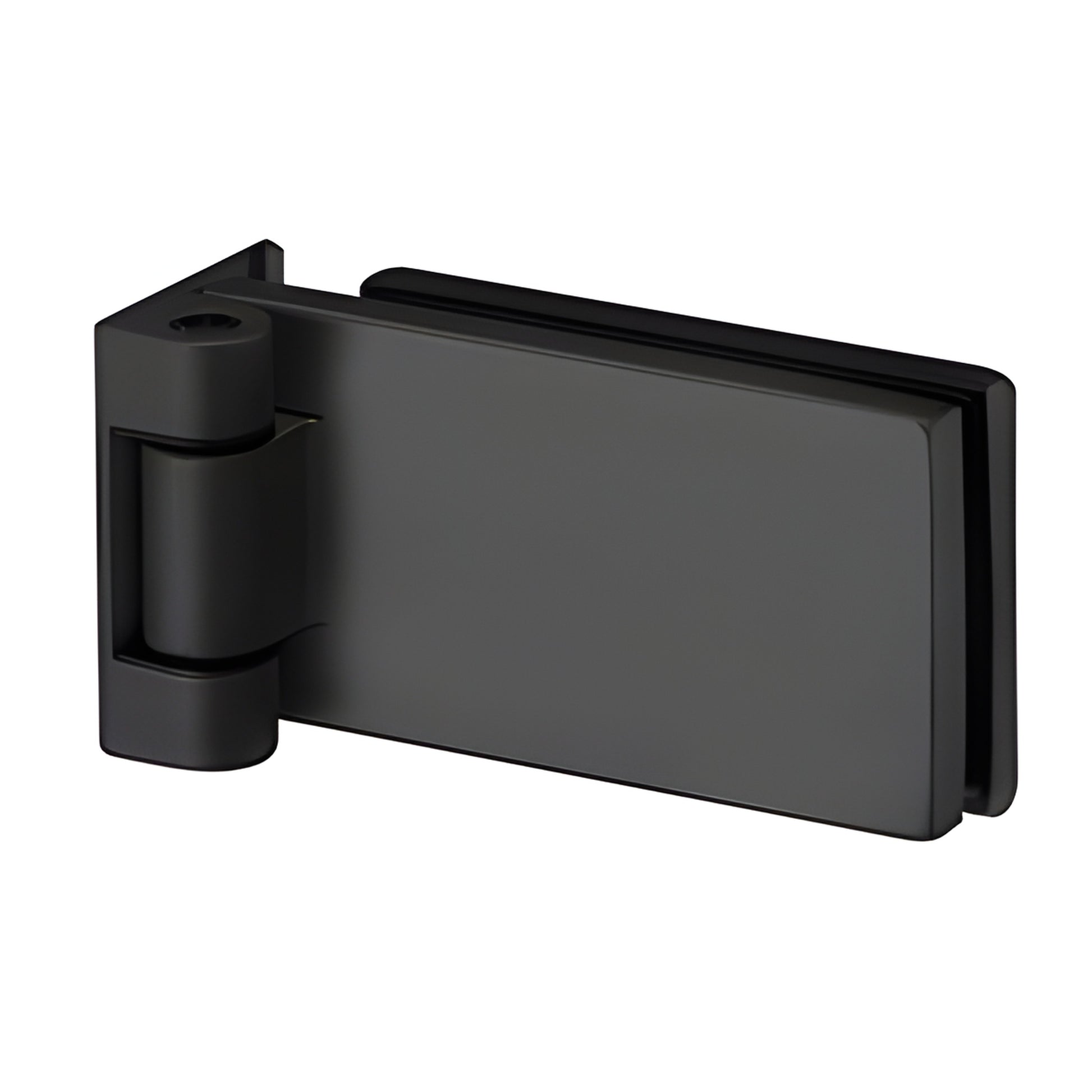Matte black square Fallbrook glass door hinge (FHSMBL) for 8-12mm tempered interior doors, frame pivot.