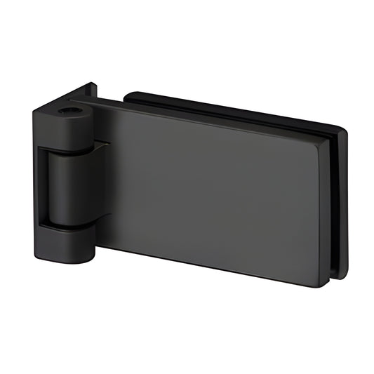 Matte black square Fallbrook glass door hinge (FHSMBL) for 8-12mm tempered interior doors, frame pivot.