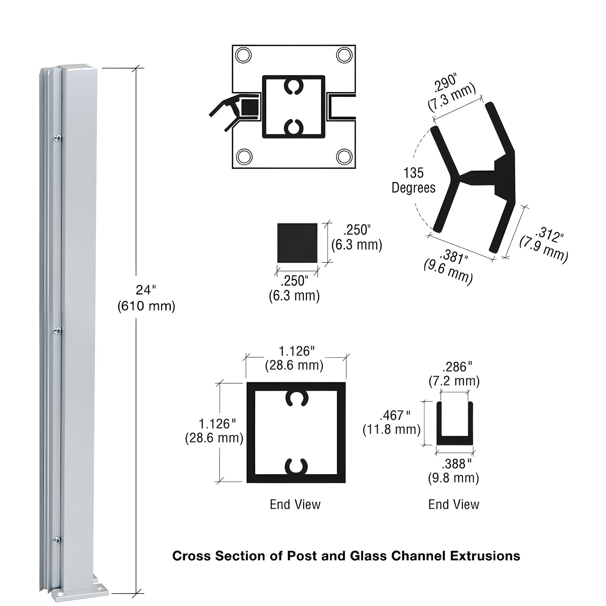Satin anodized aluminum 24" square partition post, 135 degree center post with U-channel glazing - SKU D990A24135R