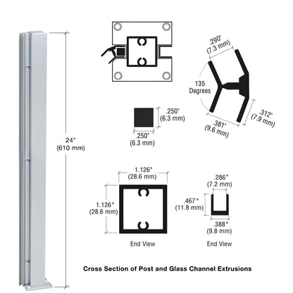 Satin anodized aluminum 24" square partition post, 135 degree center post with U-channel glazing - SKU D990A24135R