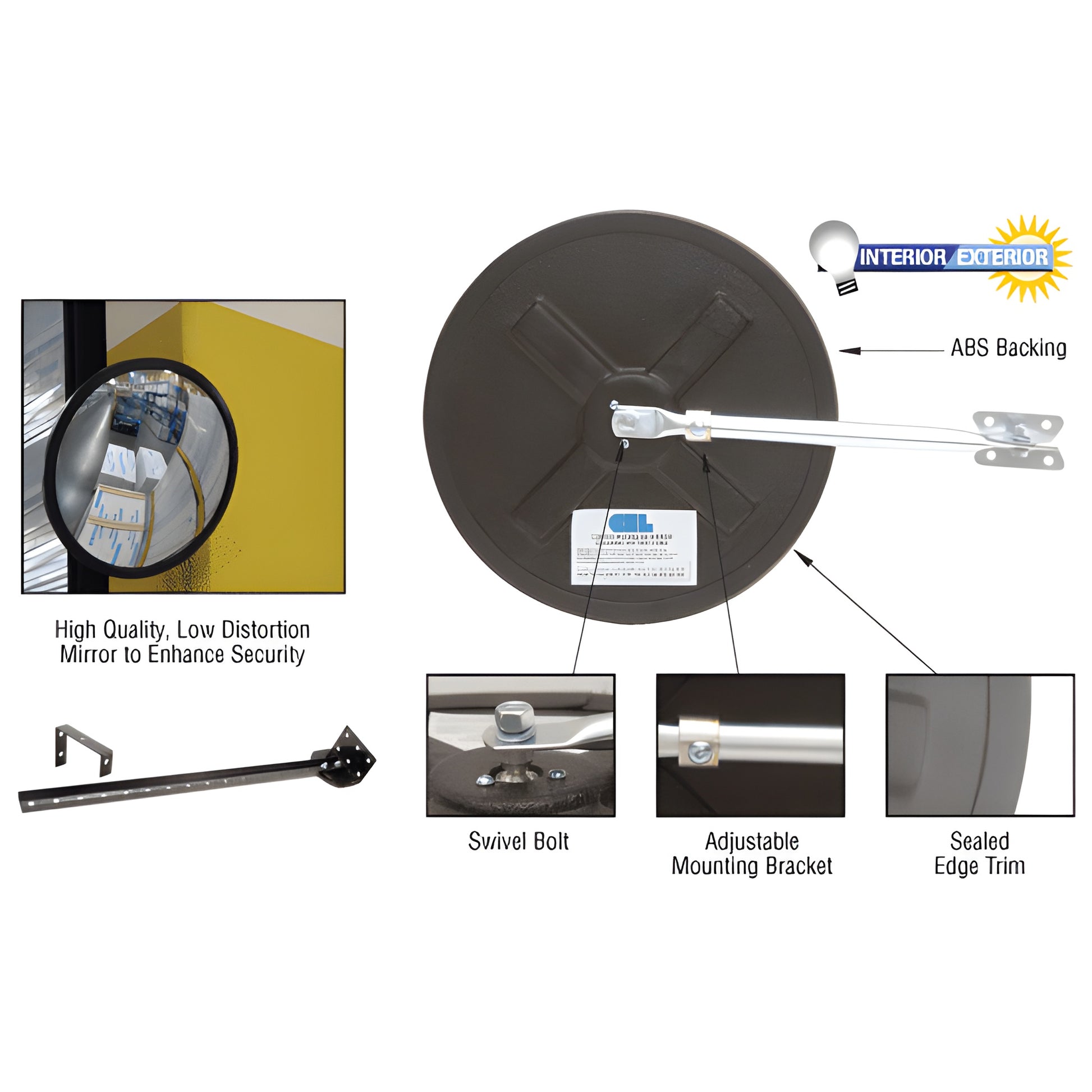 PLXR26 heavy-duty 26" plexiglass convex safety mirror with rubber edge trim, adjustable mounting arm, weatherproof.