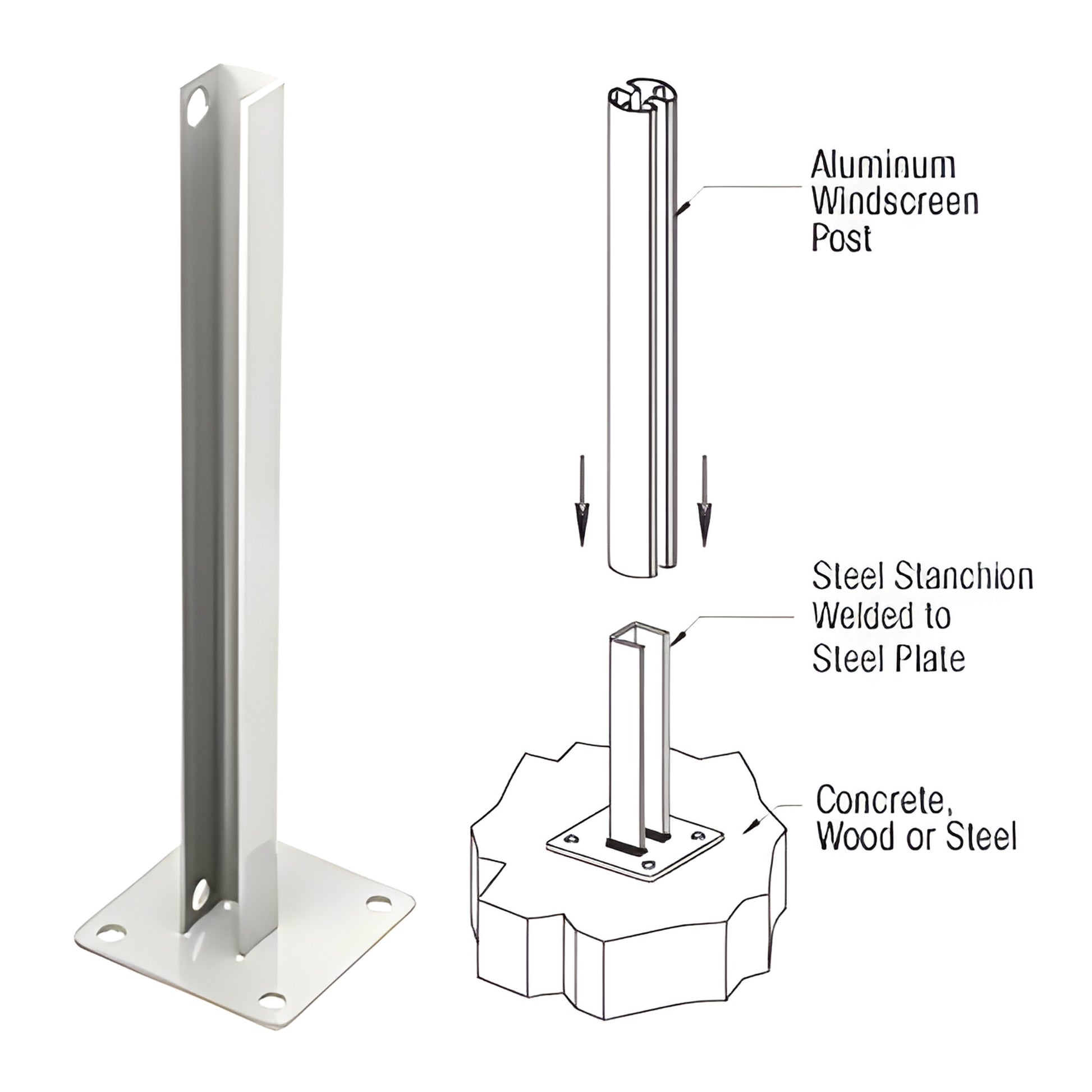 PSB2CW welded steel surface-mount stanchion, sky white powder coat, 30 in tall with 6x6 in base plate