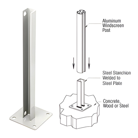 CRL PSB3CW sky-white welded steel stanchion - 30" post, 6" square base plate, surface-mount for concrete or steel.