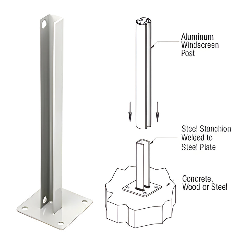 PSB5CW sky-white welded steel stanchion with 5 in base plate, 4 mounting holes, surface-mount post bracket (fits up to 72 in)