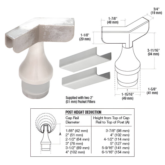 CRS CR15TA135BS 90 brushed 316 stainless top rail adapter for 1-1/2" posts, fits 2"-4" cap rails, includes two 2" pocket fil