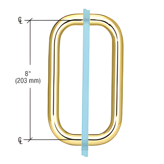 Polished brass solid 3/4" diameter back-to-back shower pull, 8" C C, fits 1/4-1/2" glass. SKU BPD8BR
