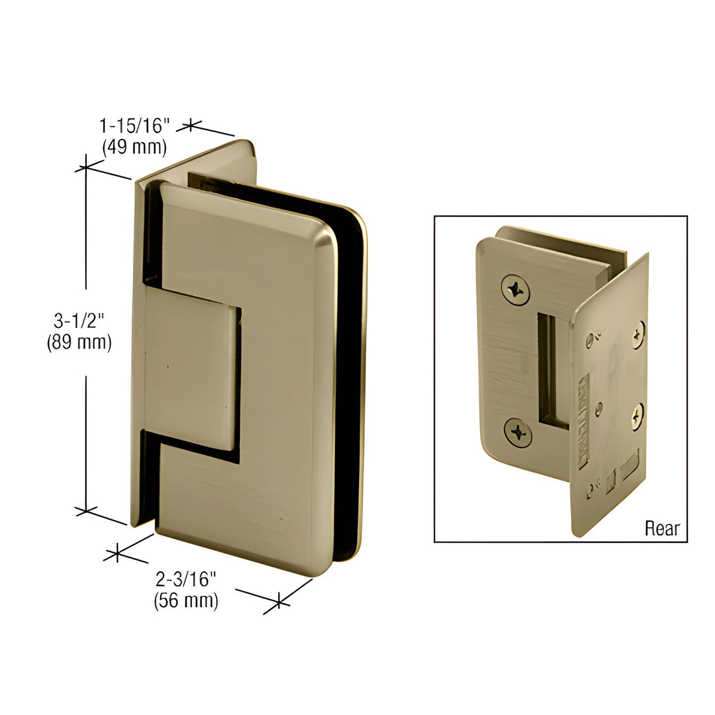 Brushed bronze CRL Pinnacle solid-brass shower hinge for 8-12mm frameless glass (P1N044BBRZ), 3.5in tall, beveled edge