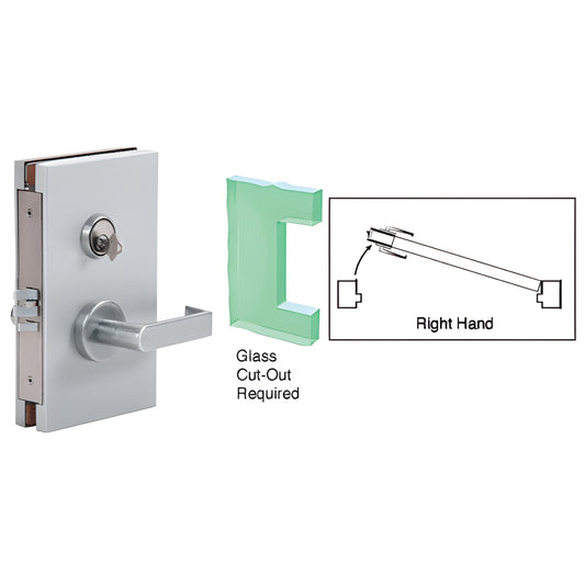 DL610RMBS brushed stainless center lock for 1/2" tempered glass doors, right-hand, lever and key.