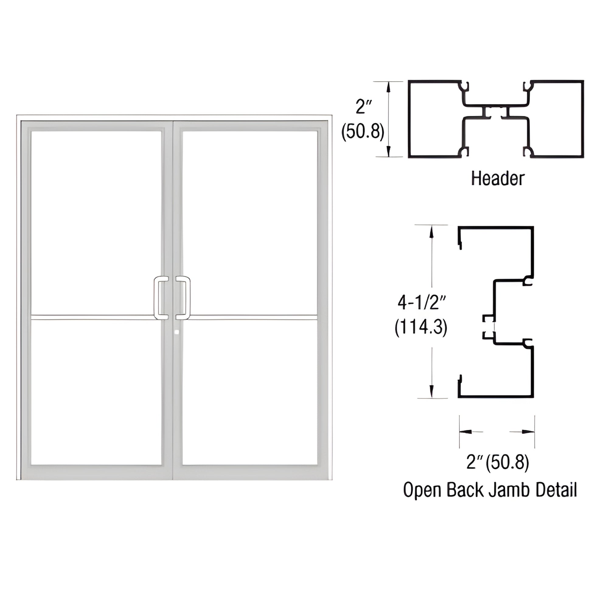 White Kynar aluminum double-door up-and-over frame with open-back jambs, integrated threshold and header/jamb section diagram