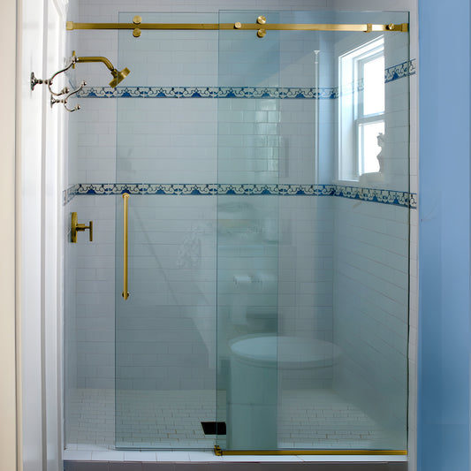 SER78SB satin brass frameless sliding shower system with squared header and rollers over clear glass, 78-3/4 in.