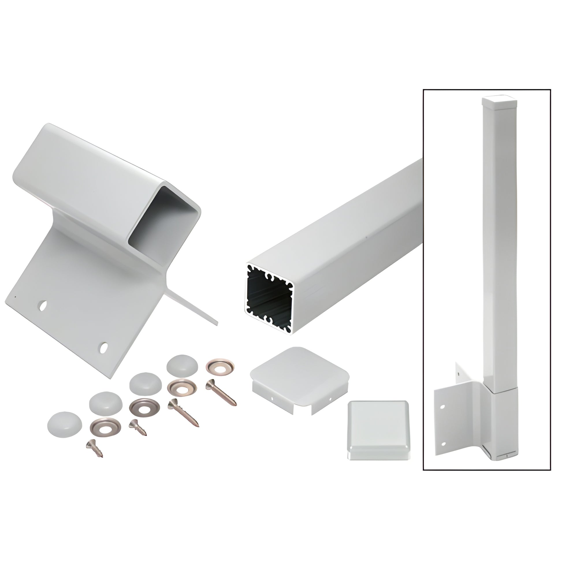 90 fascia mount aluminum post kit, 2-3/8" square, clear anodized 59" post with brackets, cap and hardware.