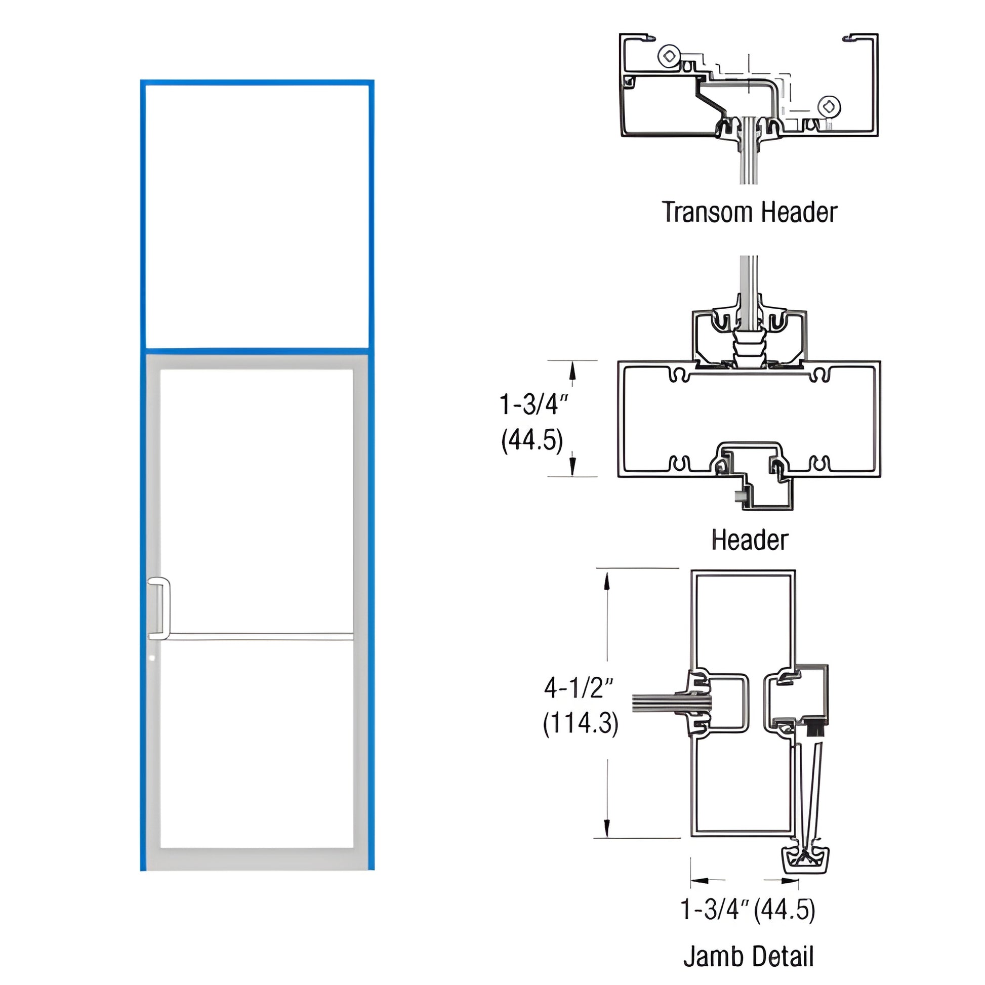 FR61871 commercial aluminum gear-hinge door frame with transom, threshold and jamb/header details, 36x84 base dimensions.