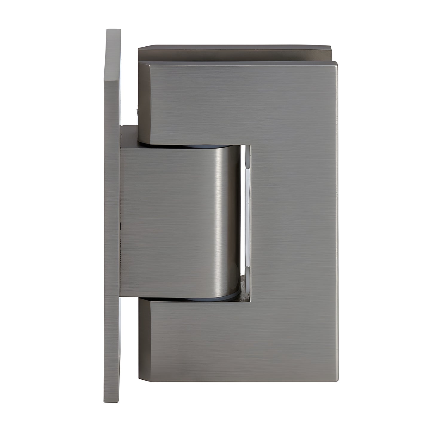 GEN337BN brushed nickel adjustable Geneva shower door hinge with full back plate, for 5/16-1/2" tempered glass.