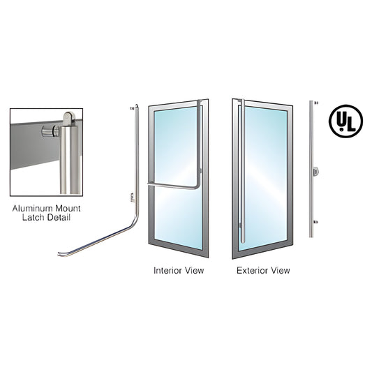 Polished stainless steel tubular panic handle for 1/2 or 3/4-inch tempered glass doors, interior push bar, right-hand reverse