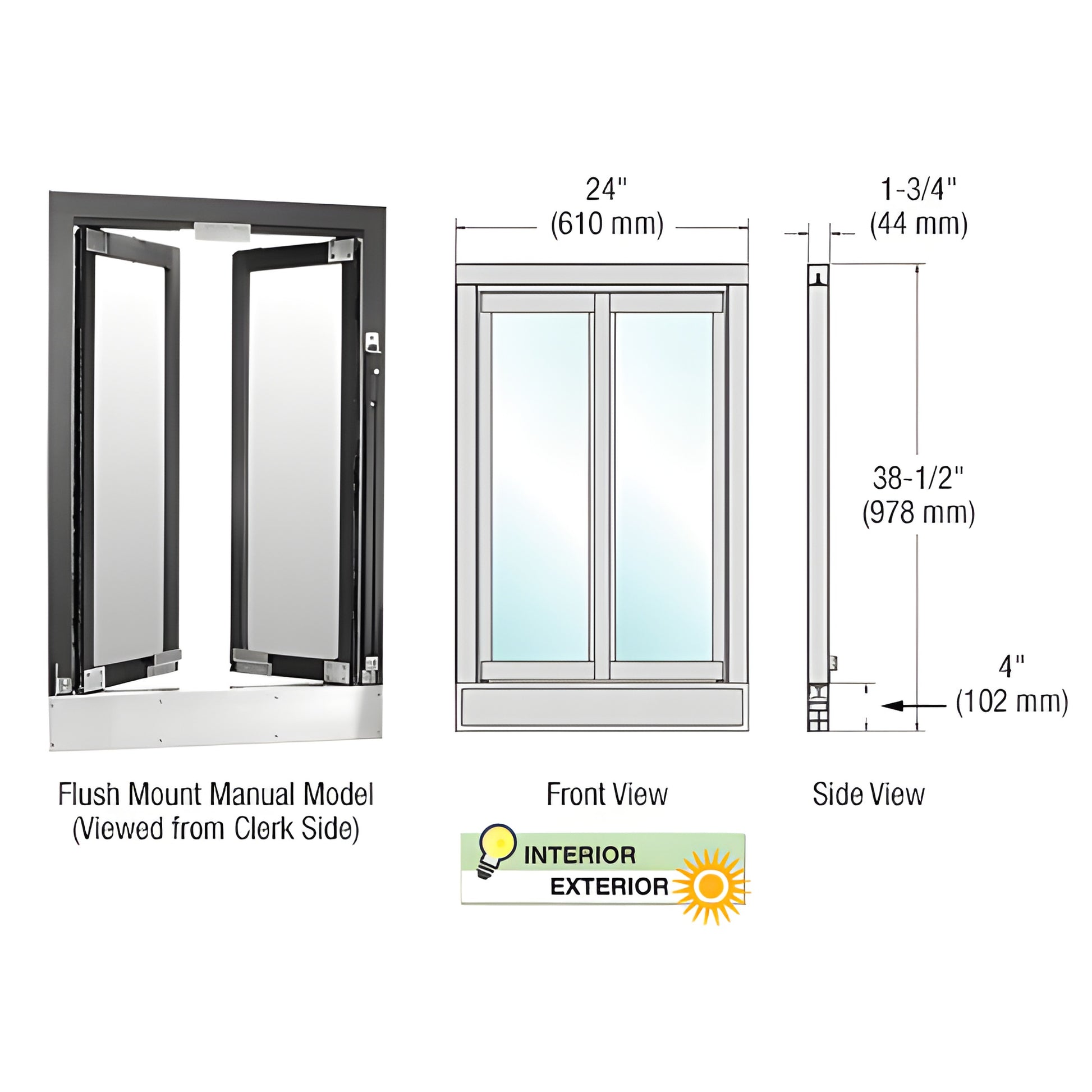 CRL BFW1DU bronze anodized aluminum 2-panel bi-fold service window, flush mount, 24" x 381 2", clear tempered glass