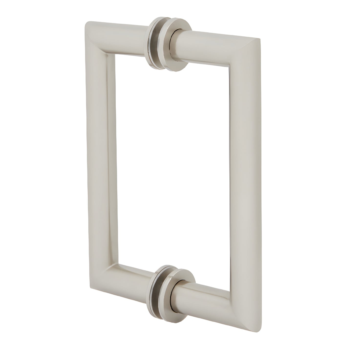Brushed nickel 6 in. back-to-back rectangular glass pull handle - round tubing with mitered square corners (SKU MT6X6BN)