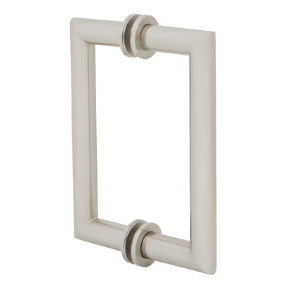 Brushed nickel 6 in. back-to-back rectangular glass pull handle - round tubing with mitered square corners (SKU MT6X6BN)