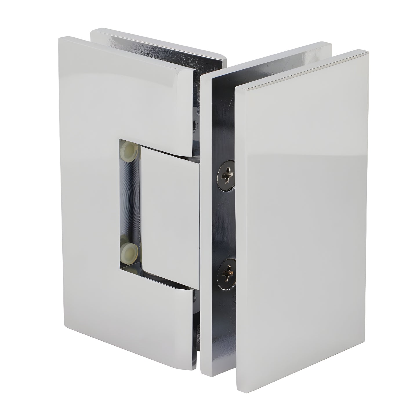 Polished chrome square glass-to-glass shower hinge (GEN092CH), brass, self-centering 90 pivot for 8-12mm glass.