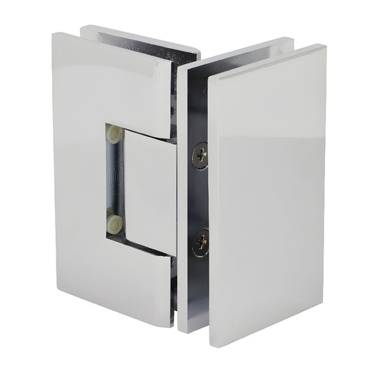 Polished chrome square glass-to-glass shower hinge (GEN092CH), brass, self-centering 90 pivot for 8-12mm glass.