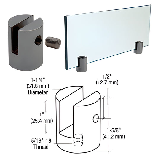 Gun metal stainless steel slot-mount standoff (SKU SM12GM), 1-1/4" dia for 1/2" glass panels, includes nylon set screw.