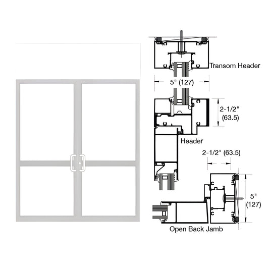 White Kynar hurricane impact transom door frame (SKU 0P92852) with double doors and technical cross-section diagram
