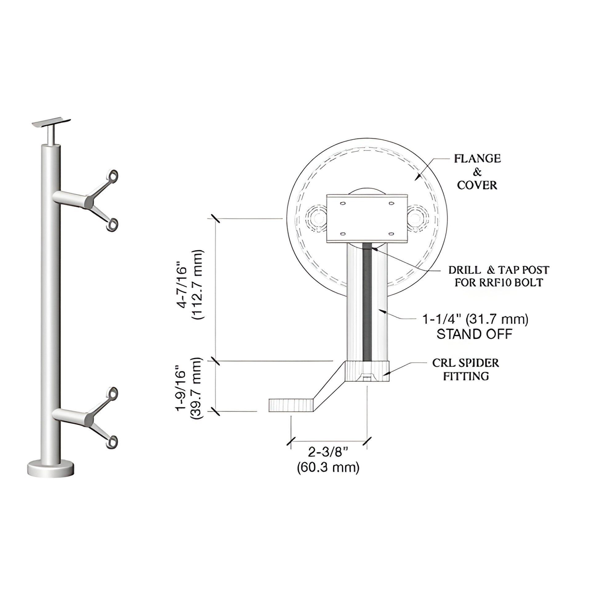 CRL P642EPS polished stainless spider post with base plate and welded top saddle, two spider glass fittings, schematic