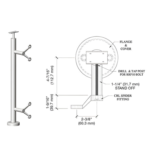 CRL P642EPS polished stainless spider post with base plate and welded top saddle, two spider glass fittings, schematic