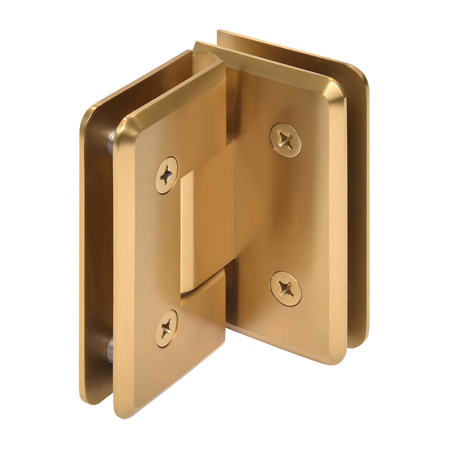 Modern gold beveled brass 90 glass-to-glass shower hinge, Cologne series, for 3/8-1/2" glass.