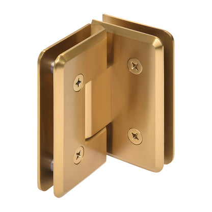 Modern gold beveled brass 90 glass-to-glass shower hinge, Cologne series, for 3/8-1/2" glass.