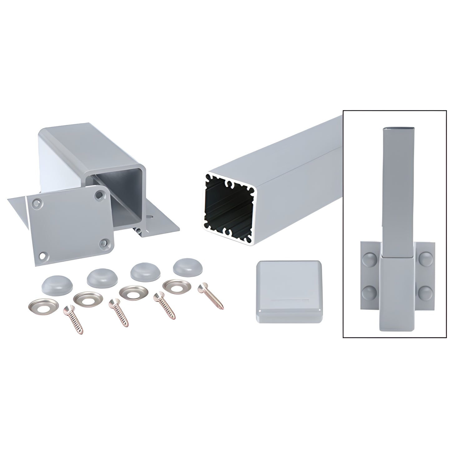 36" aluminum clear-anodized square fascia post kit with bracket, base plate, cap, screws, washers and cover buttons.