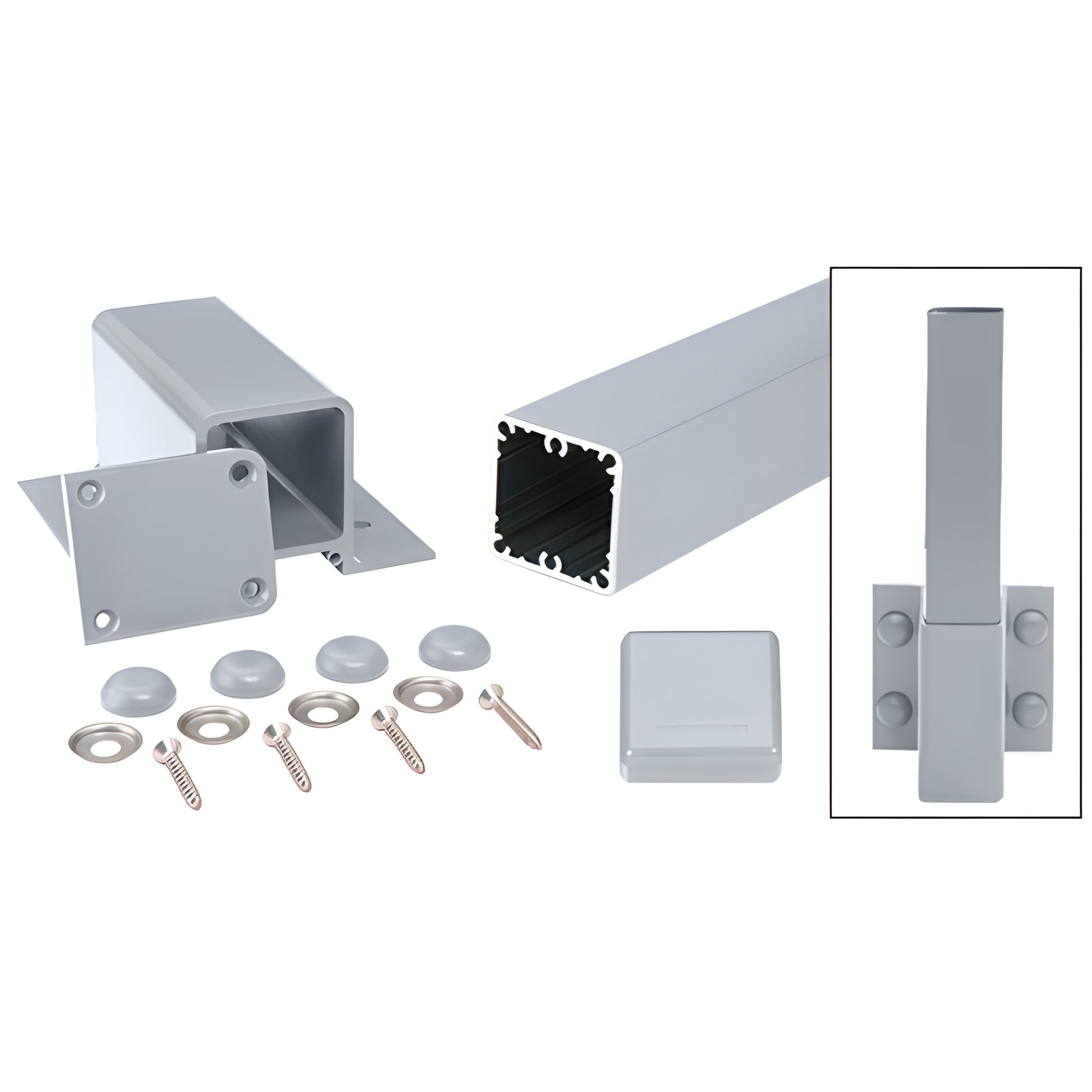 36" aluminum clear-anodized square fascia post kit with bracket, base plate, cap, screws, washers and cover buttons.