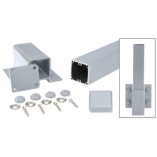 36" aluminum clear-anodized square fascia post kit with bracket, base plate, cap, screws, washers and cover buttons.