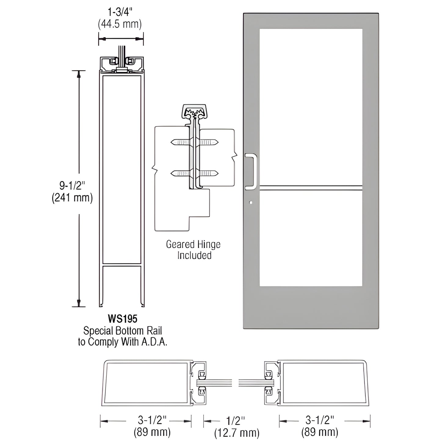Clear anodized aluminum 36x84 commercial glass door with 9-1/2" ADA bottom rail, left-latch, geared hinge. SKU DE41811L036