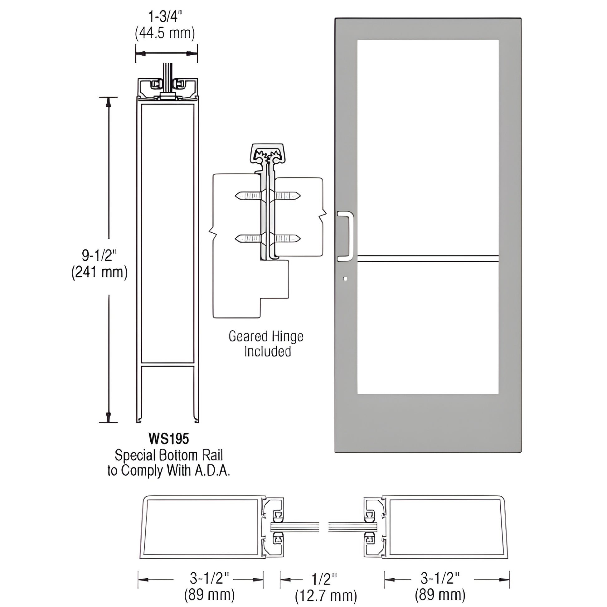 Clear anodized aluminum 36x84 commercial glass door with 9-1/2" ADA bottom rail, left-latch, geared hinge. SKU DE41811L036