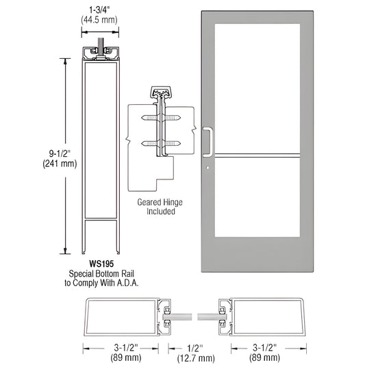 Clear anodized aluminum 36x84 commercial glass door with 9-1/2" ADA bottom rail, left-latch, geared hinge. SKU DE41811L036