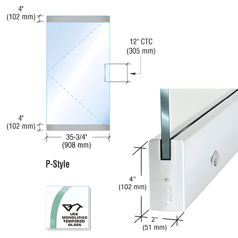 P-Style frameless glass door kit, satin anodized aluminum rails for 1/2" tempered glass, 35-3/4" net width, 12" pull centers