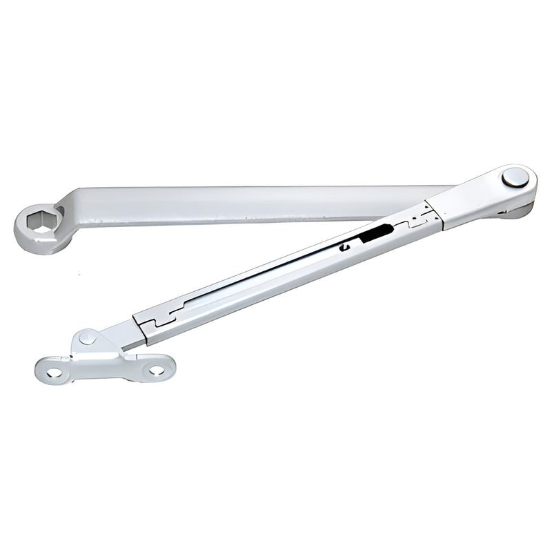 Aluminum replacement closer arm for PR90 surface-mounted door closers (SKU PR90CAA), white finish.