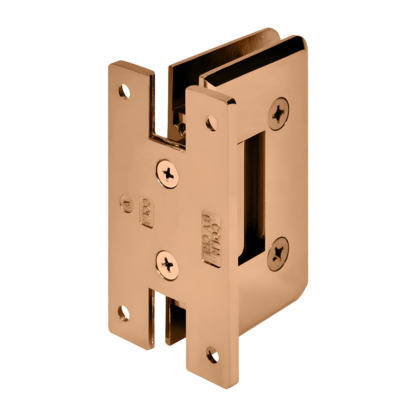 Rose gold brass Cologne shower door hinge (SKU C0L037RG), beveled edge, wall-mount H back plate, fits 3/8-1/2 glass