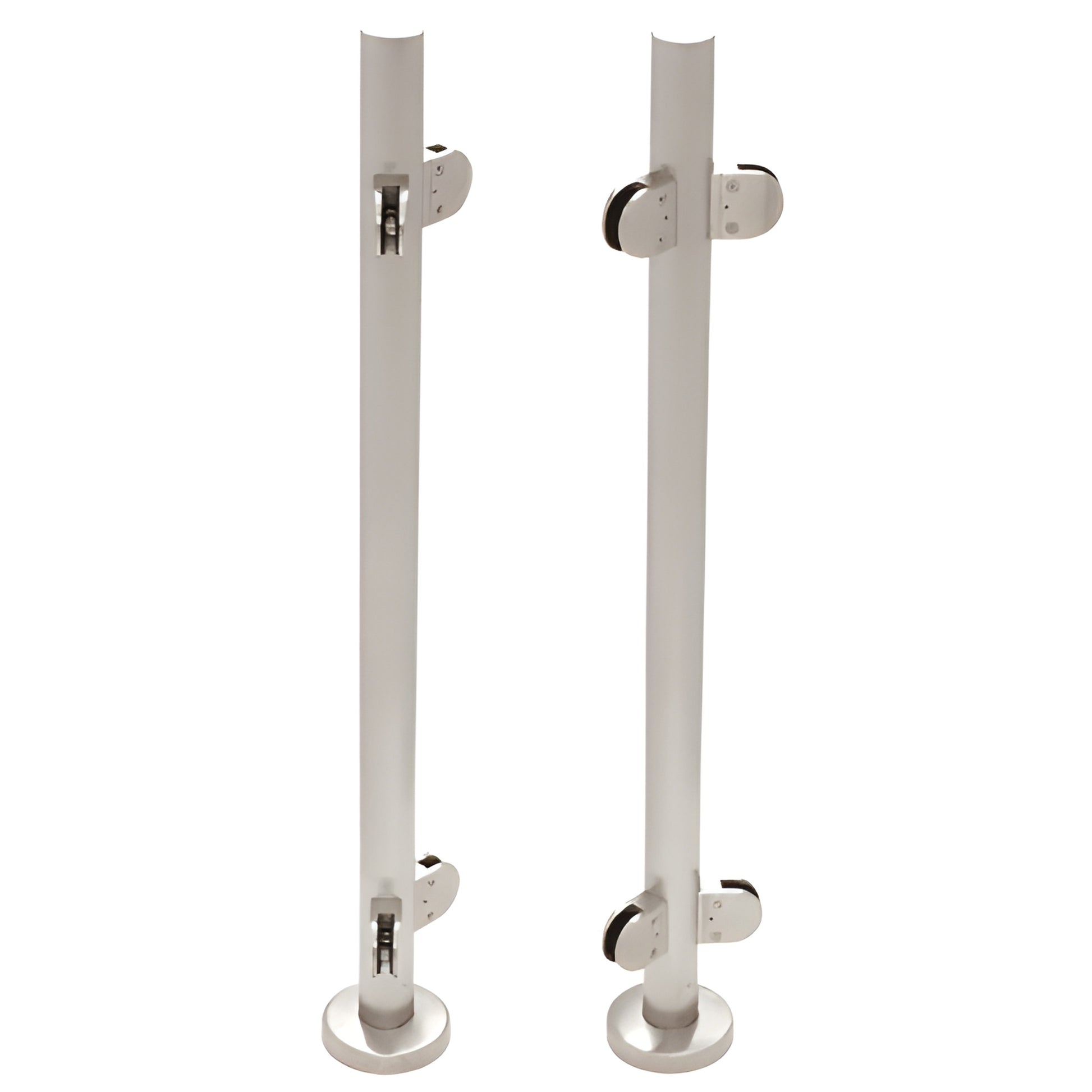 Brushed stainless steel 1-1/2" glass railing post with round base plate and clamp fittings, SKU PR1540ABS