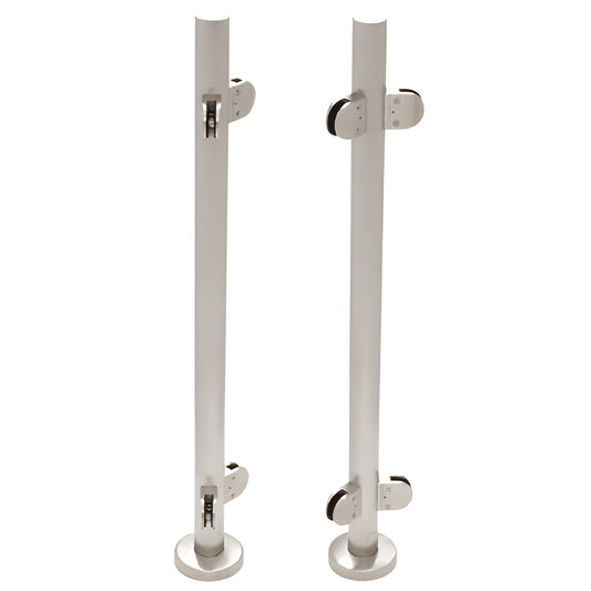 Brushed stainless steel 1-1/2" glass railing post with round base plate and clamp fittings, SKU PR1540ABS