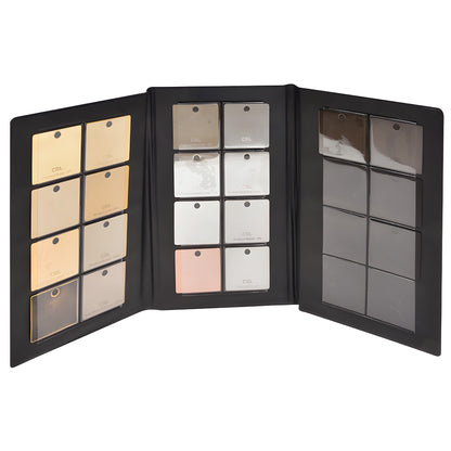 Tri-fold SDFD05 sample booklet showing 20 shower door hinge finish chips in gold, chrome, bronze and nickel tones.