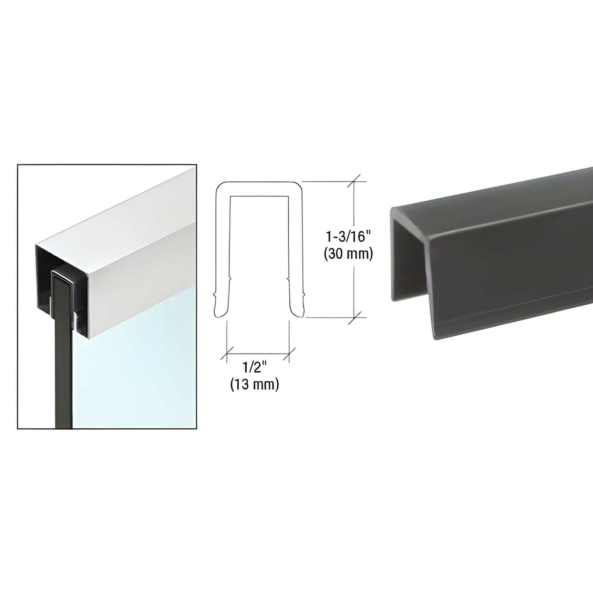 Black vinyl cap rail insert GR5PV for 1/2" (12 mm) glass, 1-3/16" (30 mm) high, fits U-channel cap rails.