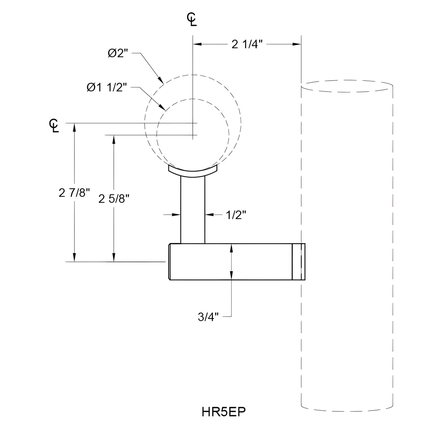 Polished stainless steel post-mounted handrail bracket (SKU HR5EPPS), fits 11 2-2 round rail tubing, ready-to-mount architectu